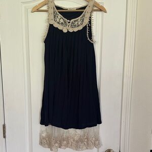 Ink Blue Victorian  Sleeveless Dress with Lace Trim / Ireland